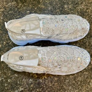 Silver Lace Mesh Rainbow Sequin Women's Slip On Sneakers Shoes Wedding Bride